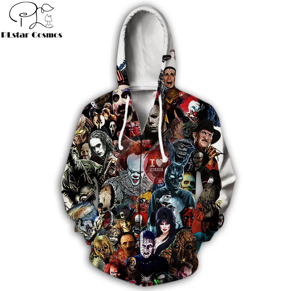 2019 Movie IT Pennywise Hoodies Stephen King 90s Horror Movie Печатные мужские Толстовки косплей Мужчины Женщины Уличная одежда на молнии с капюшоном CX200722