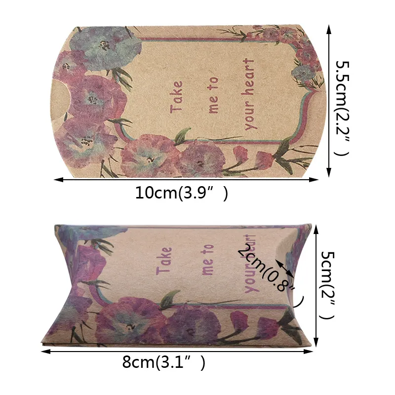 ギフトラップ10 20 マルチパターン印刷されたクラフト紙ボックス結婚式の好意のためのかわいいミニ枕形状のキャンディーバッグ