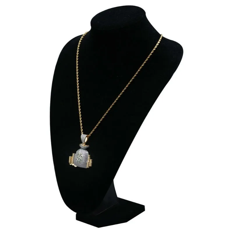 US Money Bag Stack Cash Coins Pendant Halsband Guld Iced Out Bling Cubic Zircon Necklace Men Hip Hop Jewelry3068