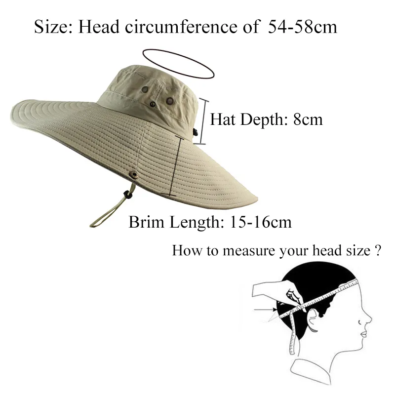 16 cm de long à large bord soleil respirant Safari hommes femmes Boonie été Protection UV casquette randonnée pêche seau chapeau plage Y2006192278