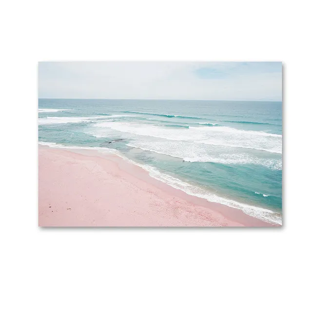 オーシャンランドスケープキャンバスポスターノルディックスタイルビーチピンクのバスウォールアートプリント絵画装飾絵画スカンジナビアの家装飾8135424