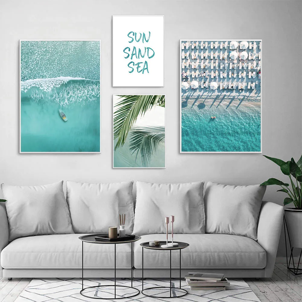 Pintura de arte em tela de paisagem de oceano, oceano tropical, impressões de parede, palmeira, pôster nórdico, decoração de casa escandinava 4906266
