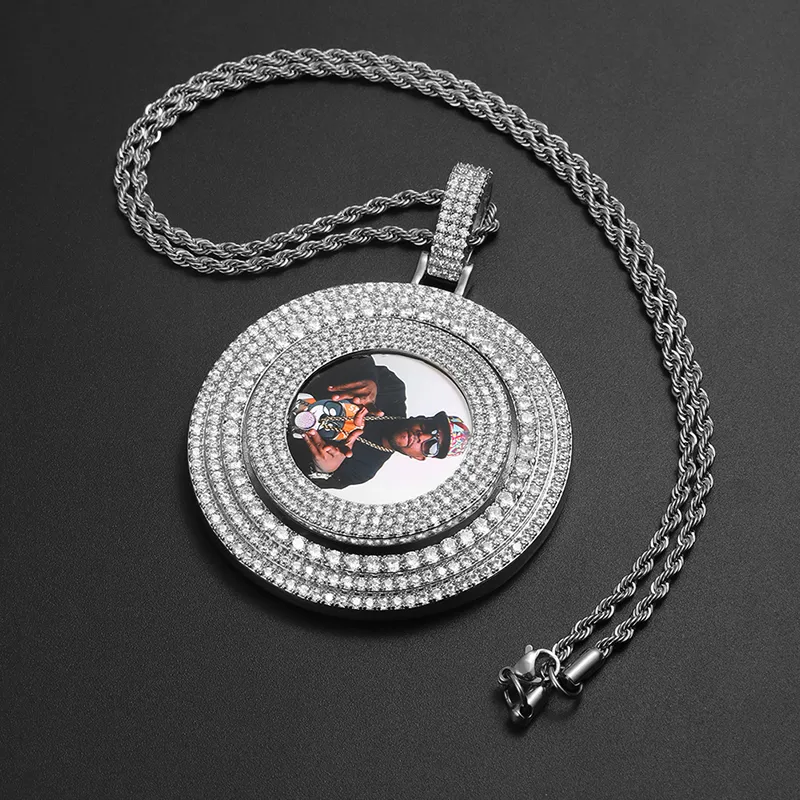 Colares Pingente Big Spin Rodada Imagem Personalizada Medalhões de Memória Sólida Colar Pingente Gelo Cheio de Cristal Mens Hip Hop Pers253E