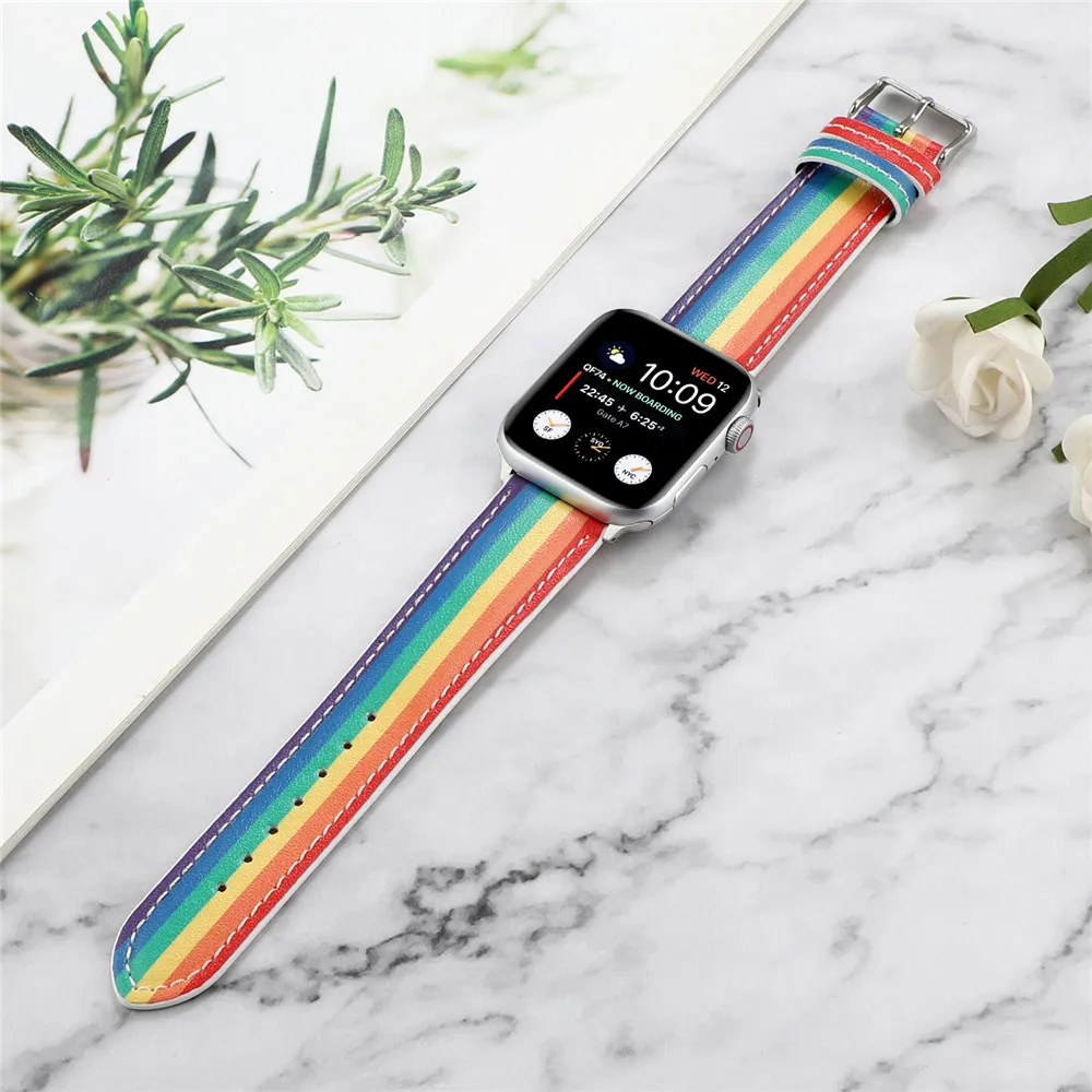 Rainbow Colorful Leather Band pour Apple Watch Band 40mm 44mm 42 mm 38 mm Iwatch 5 4 3 2 1 Girlswomen Fashion Bracelet5847852