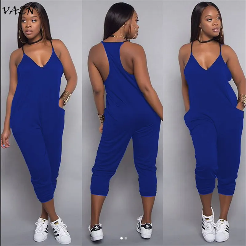 VAZN Exotic Design Sexy Style Women Jumpsuit Spaghetti Strap Sleeveless Pocket Straight Romper Y099 T200723