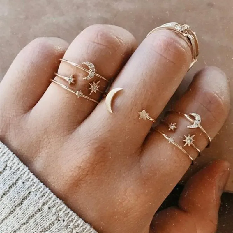 Vrouwen Boheemian Ring Moon Star Style Creative Retro Geometric Metal Joint Rings Set Fashion Jewelry / Set