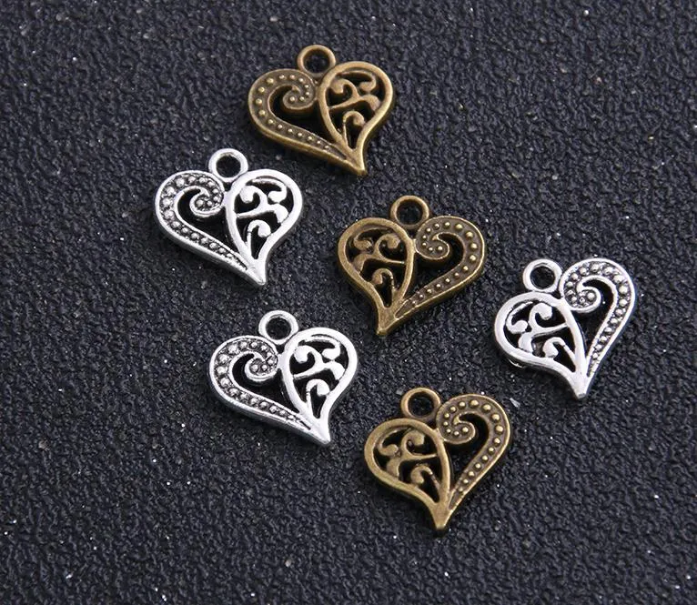 200 pçs / lote antigo prata bronze liga de zinco amor oco coração encantos pingentes metal para jóias descobertas diy 14x15mm191d