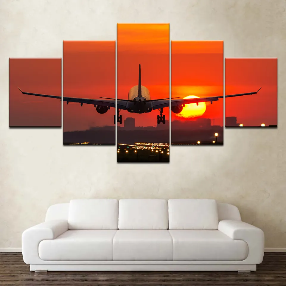 Modular Frame Canvas HD Print Bilder Väggkonst 5 -stycken Planmålning Flygplan tar av affischen Heminredning för vardagsrum1617632