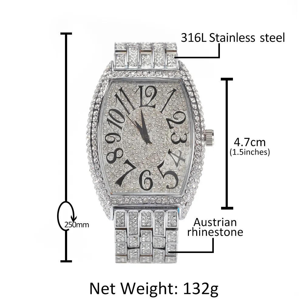 Date Hiphop style montres mode diamant grand vin baril cadran complet mâle montre loisirs bijoux montres 2636