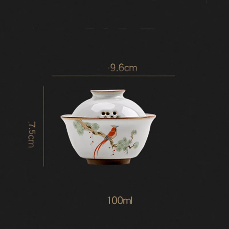 Ru Kiln Bird Gardon Gaiwan Retro ثلاثة شخص باسترول السيراميك شاي وعاء Tureen Decore 297p