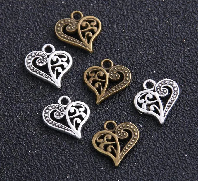 200 pçs / lote antigo prata bronze liga de zinco amor oco coração encantos pingentes metal para jóias descobertas diy 14x15mm191d