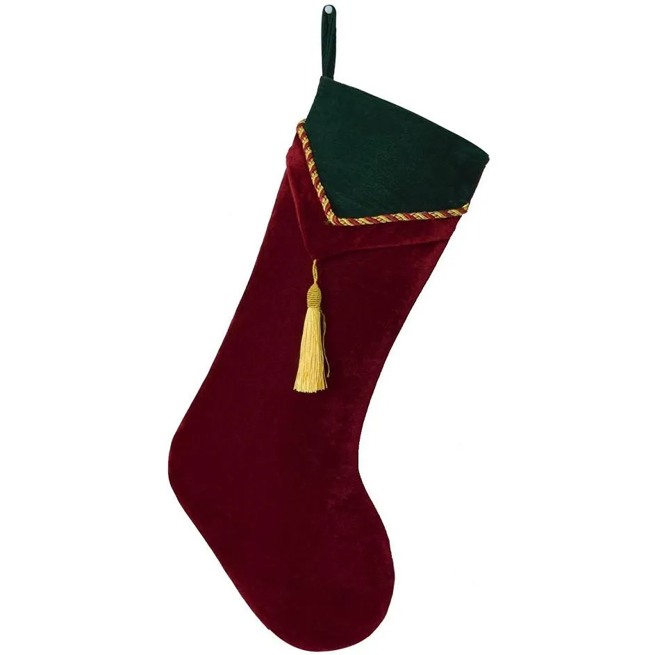 Calza di velluto rosso verde con decorazione di nappe Calzini Calza di Natale Nuovo arrivo Set da 2 pezzi338m