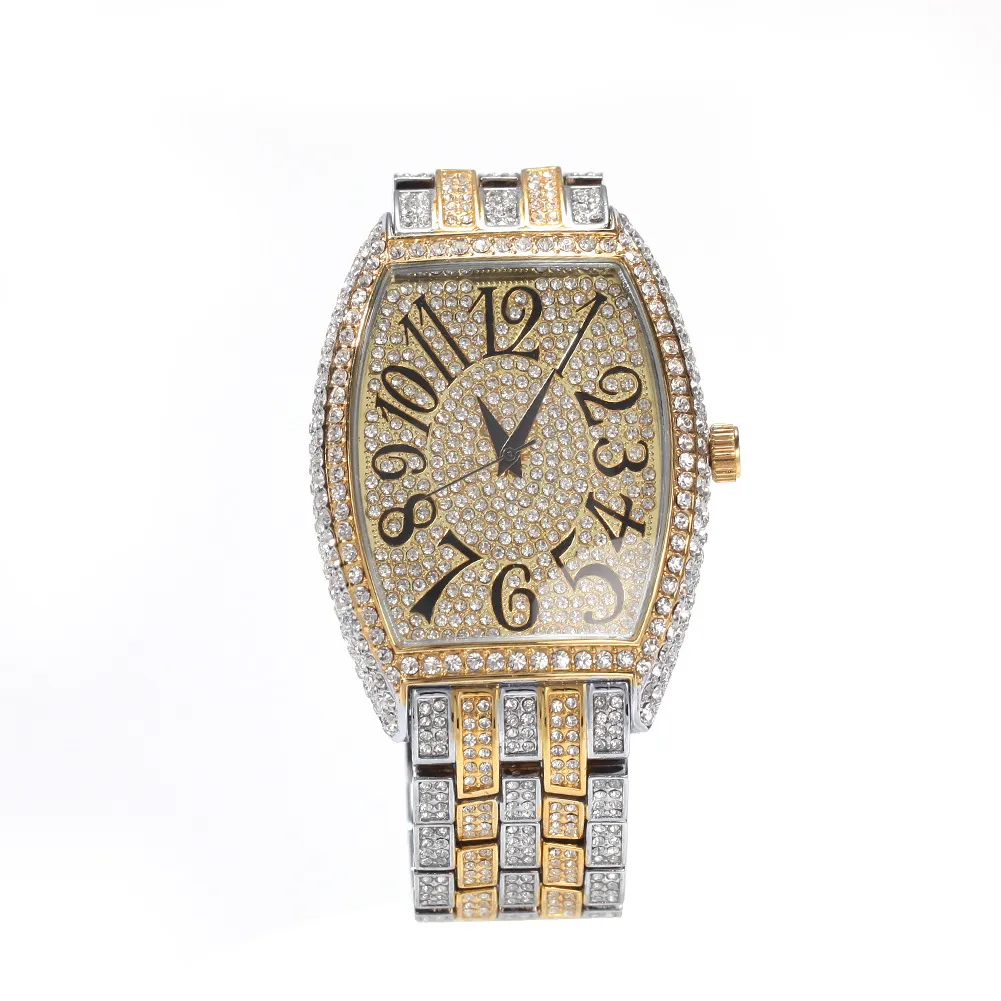 Neueste Hiphop-Stil Uhren Mode Diamant Big Weinfass Zifferblatt volle männliche Uhr Freizeit Schmuck Uhren346H
