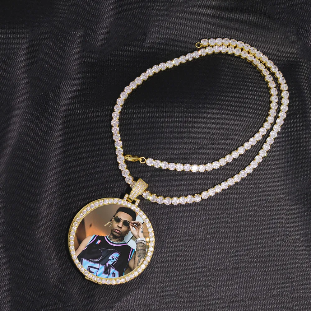 Photo ronde sur mesure médaillons photo pendentif photo collier chaîne de tennis couleur or cubique zircon bijoux hip hop pour hommes CX200721