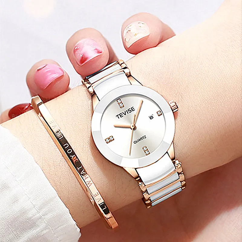 Tevise Gold Ladies Bracciale Watch Quartz Donne Orologi di Luxury Casual Ceramic Ceramic Girl Orologio Watprooff Owatch Fix Tool CX2301G CX2301G