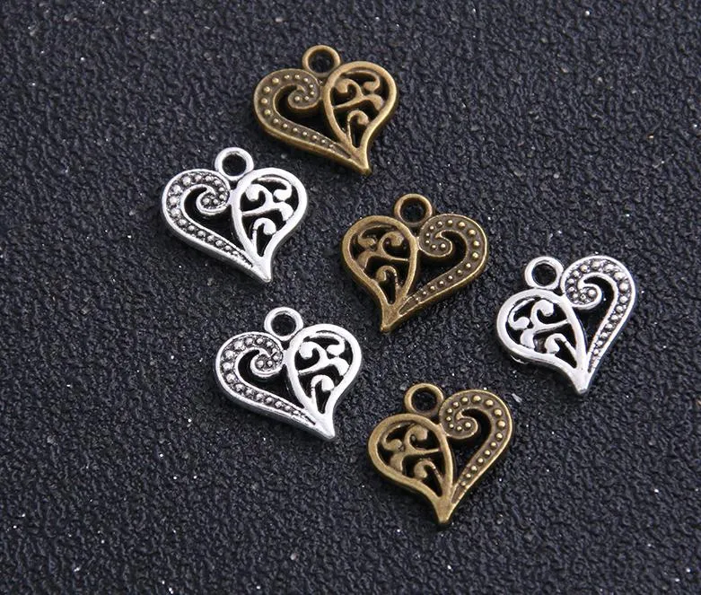200 pçs / lote antigo prata bronze liga de zinco amor oco coração encantos pingentes metal para jóias descobertas diy 14x15mm191d