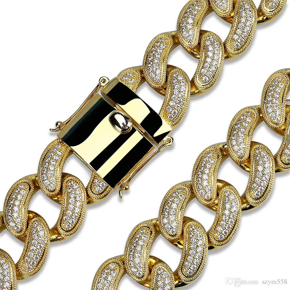 Cadenas heladas Hip Hop Collar de diamantes grandes Micro circonita cúbica Collar colgante de cobre con diamantes Chapado en oro de 18 quilates Cuba 2733