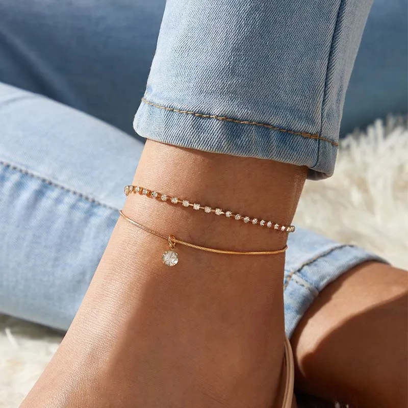 Kvinnor bohemisk etnisk stil anklet kreativt enkelt dubbelskikt diamant anklet fotkedja mode smycken