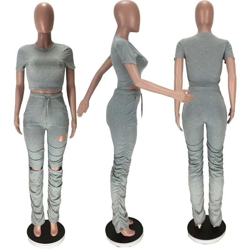 Jogger Set Women Tracksuit Casual Summer Crop Top and Stacked Pants Sweatpants Set Women Two Piece Outfits Matching Sets T200603