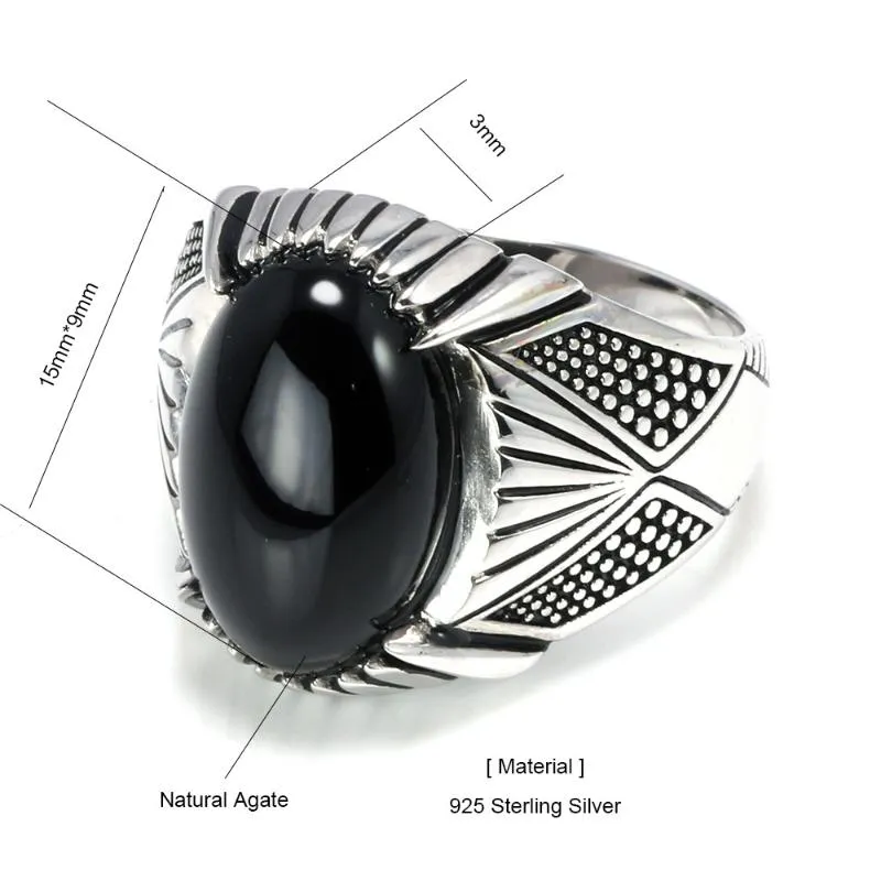 Gwarantowane 925 Srebrne pierścienie zabytkowe pierścień z indyka dla mężczyzn czarny pierścień z kamieniem naturalnym onyksowym biżuterią męską 11903
