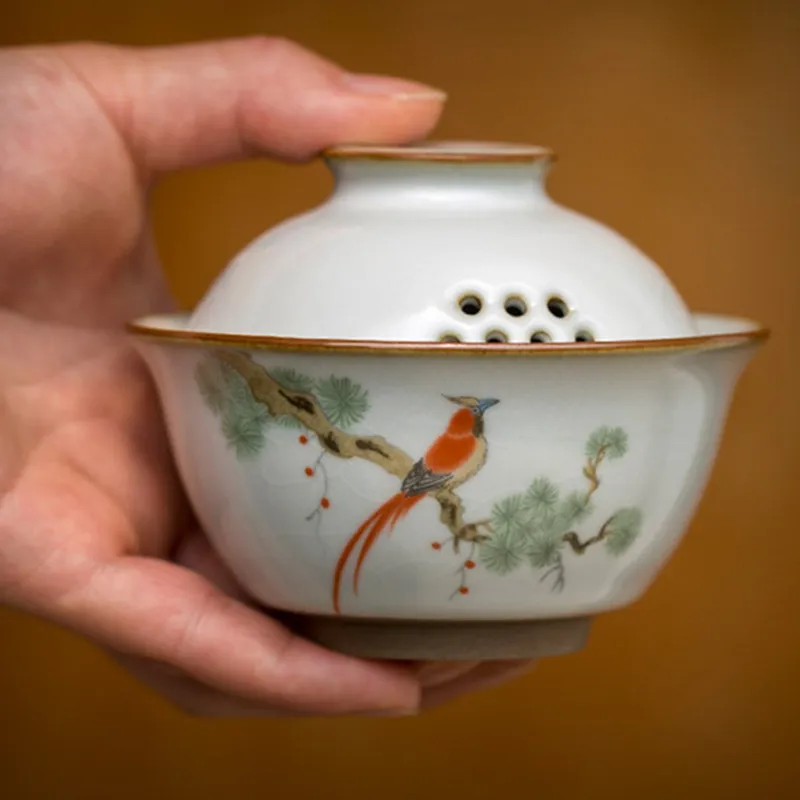 Ru Kiln Bird Gardon Gaiwan Retro Retro Three Pastrol Ceramic Tea Bowl Tureen Tureen Decord222p