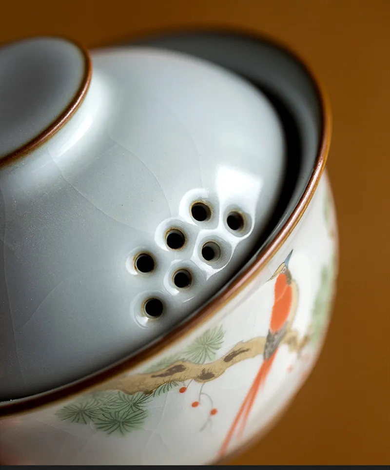 Ru kiln bird gardon gaiwan retro three-person pastrol ceramic tea bowl tureen accessories home decor2692