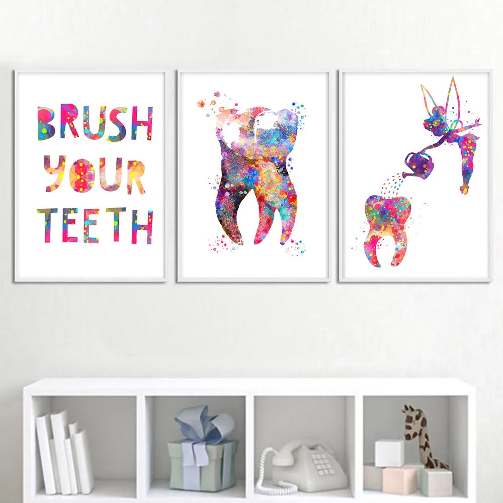 Dental Poster Tand Fairy Watering Wall Art Canvas Prints akvarellmålning Klinik tandläkare dekoration väggbilder barn rum9835174