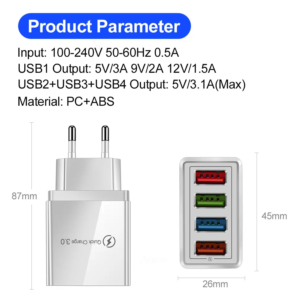 4 USB Fast phone charger 48W 5V 3A multiport travel charger plug Fast Charger Mobile For iphone 11 12 13 pro max samsung S10 note3195924