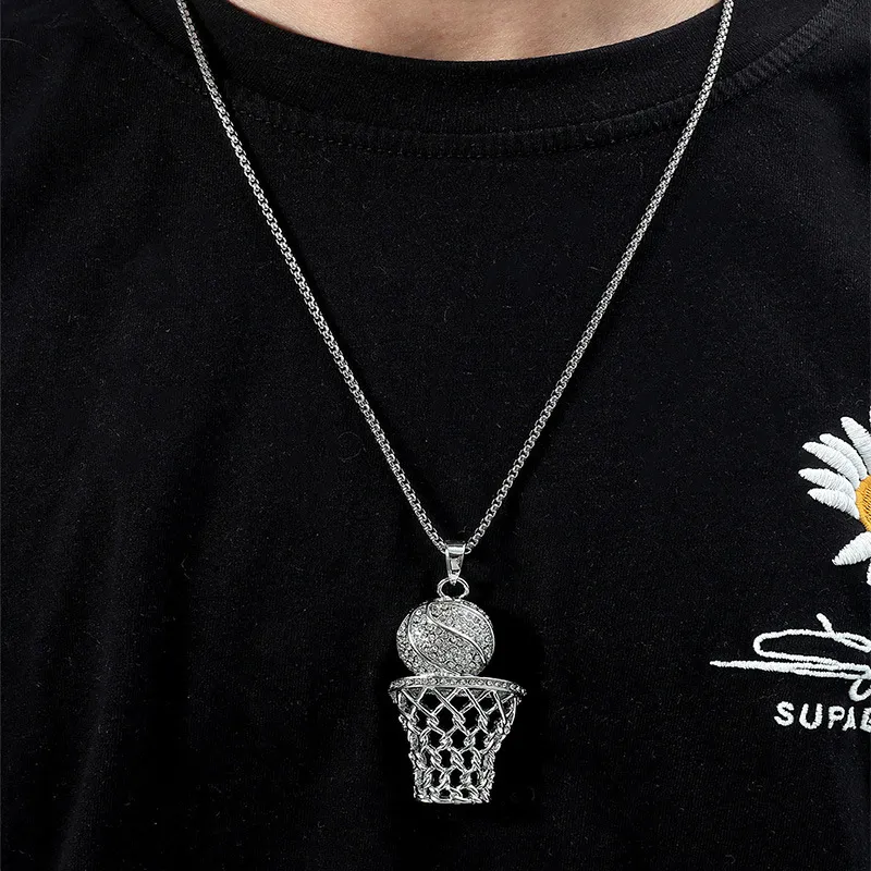 Hip Hop Bling Iced Out Full Rhinestone Basketball Pendant Necklace Stainless Steel Sport Long Necklaces for Mens Jewelry3745318