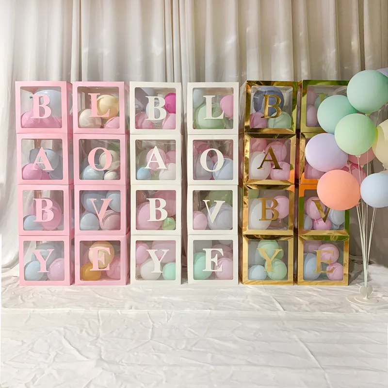 Boîte Cube en carton transparent 4 pièces, boîte-cadeau en plastique pour ballons, sac en papier pour fête prénatale, bonbons, dragées, gâteau, emballage de mariage, 277P
