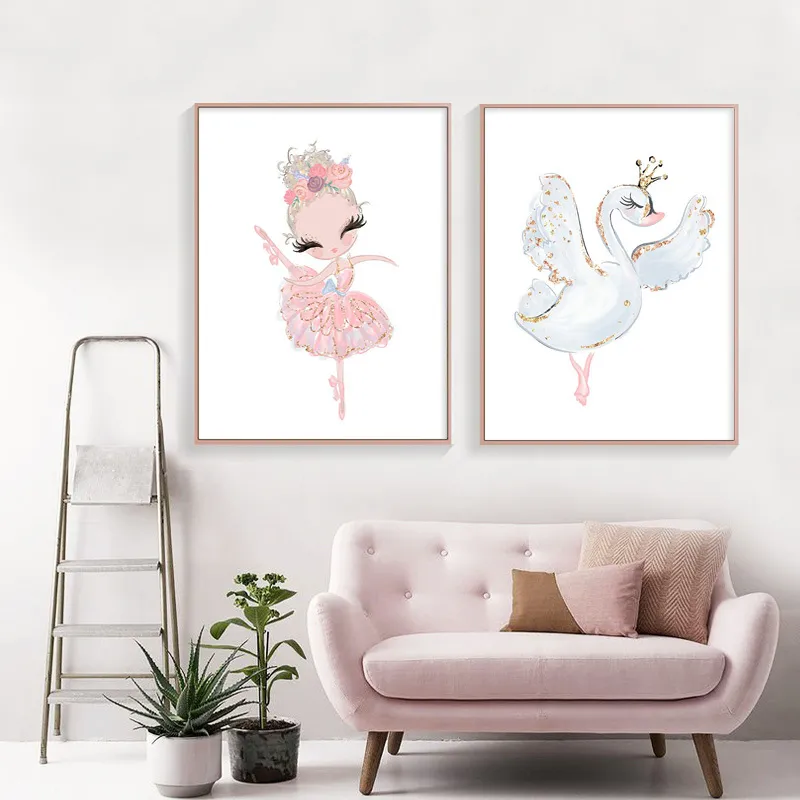 Pembe kuğu prenses kreş duvar sanatı tuval boya balerin posterleri ve baskıları nordic çocuk kız kız oda dekoru picture5146862