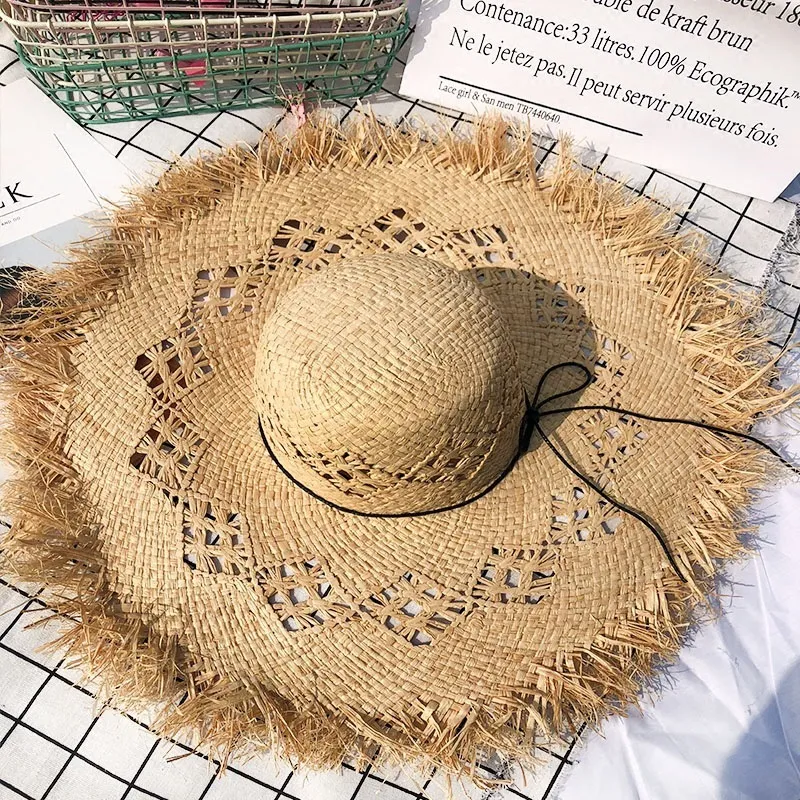Naturel grand Large bord disquette chapeau raphia jazz chapeau de paille femmes été frange casquette de plage tissage à la main chapeau de soleil entier Y2006195042474