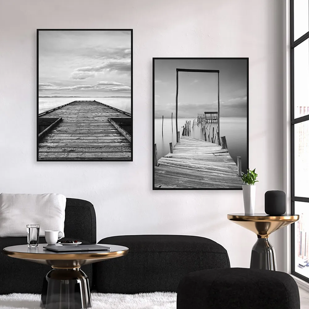 黒と白の風景絵画木製桟橋橋の壁アートプリントキャンバス絵画北欧の壁の写真