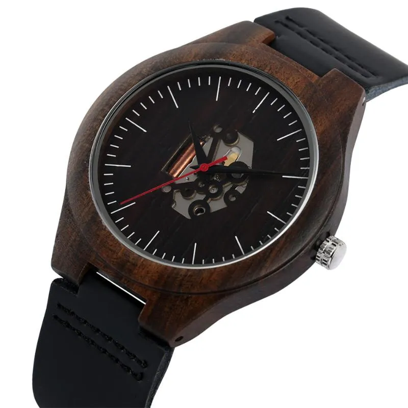 Redfire oregelbunden gravering av ihålig urtavla Ebony Wood Watch Men Quartz Movement Black äkta läder Mens Armswatch Pin Buckle262B