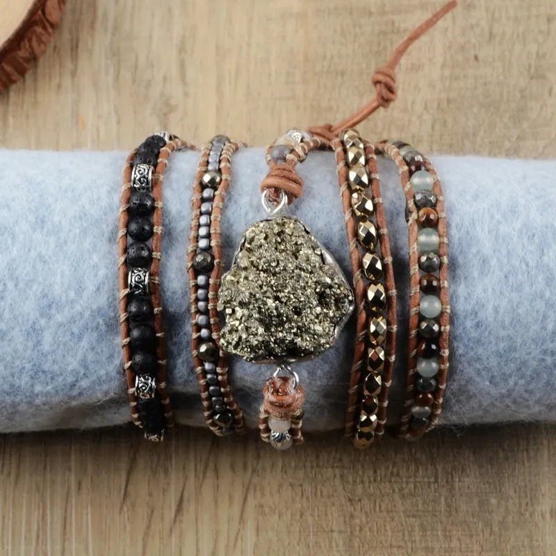 Raw Pyrite Boho Bracelet Mixed Natural Stones 5 Strands Wrap Bracelets Handmade Pyrite Charm Leather Bracelet Women Bracelets CX201881309