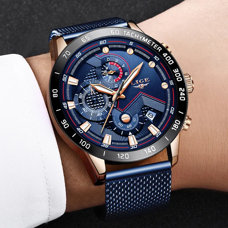 Lige Fashion Mens Watches Top Brand Wristwatch Wristwatch Quartz Clock Blue Watch Men Menproof Sport Chronograph Relogio Masculino C2661