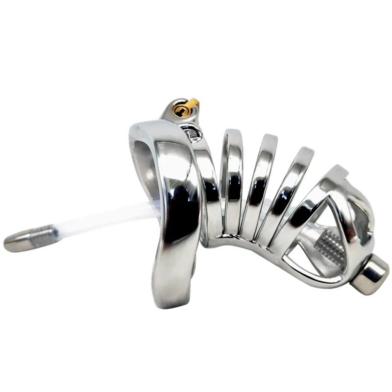 mens stainless steel penis lock fun binding antiderailment chastity device with catheter penis lock