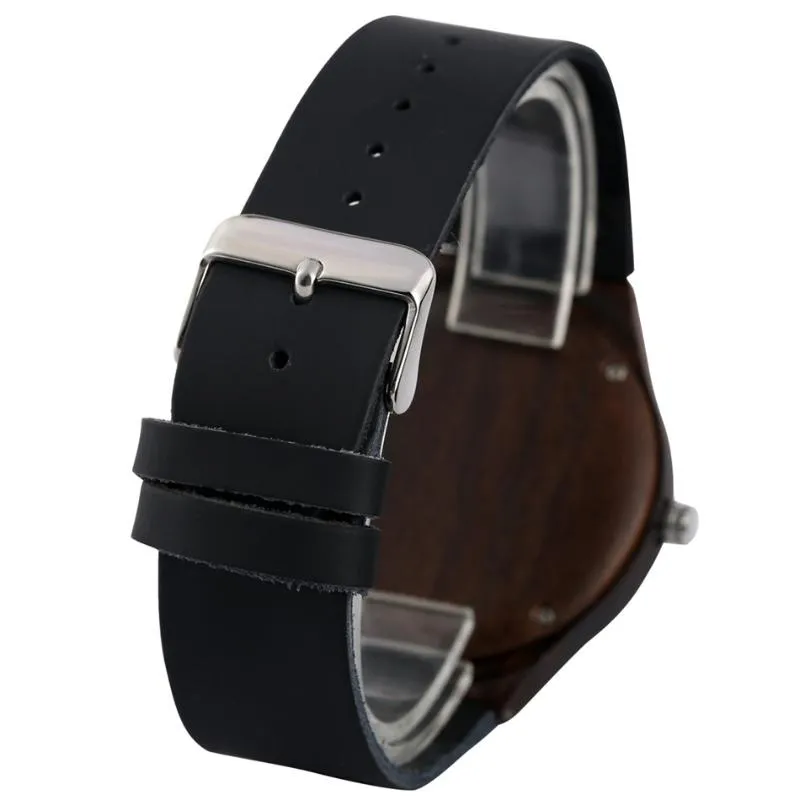 REDFIRE gravure irrégulière cadran creux montre en bois d'ébène hommes mouvement à Quartz noir en cuir véritable montre-bracelet pour hommes boucle ardillon 3160