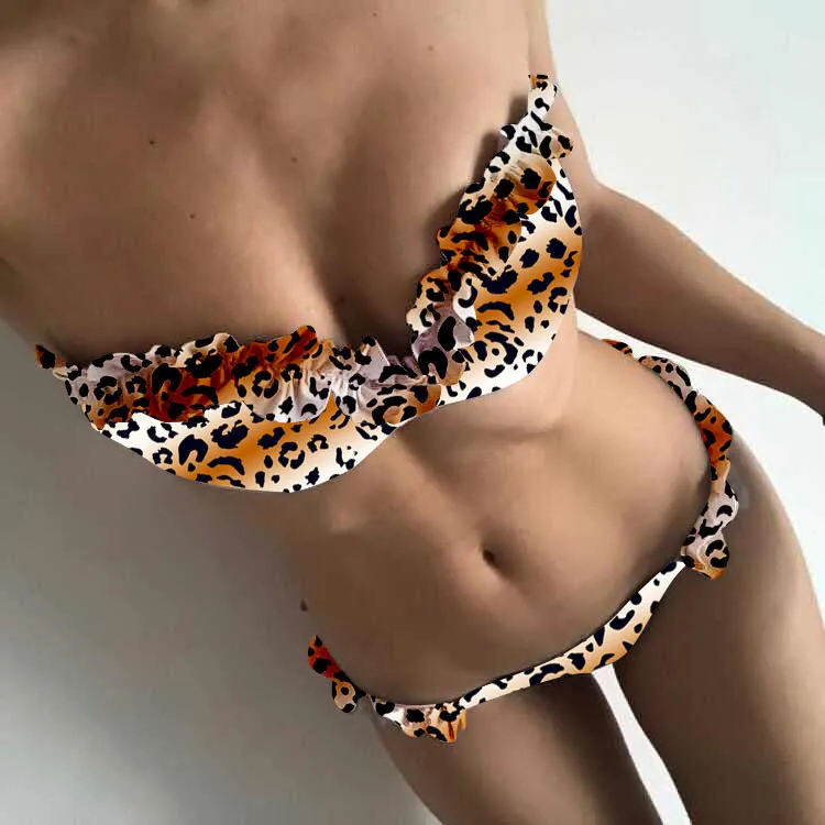 Wydruk zwierząt Leopard Bikini Push Up Swimsuit Sexy Kobiety Bikini Set 2020 Brazylijski Stringi Kostium Kąpielowy Bandeau Beach Nosić Swimwear T200713