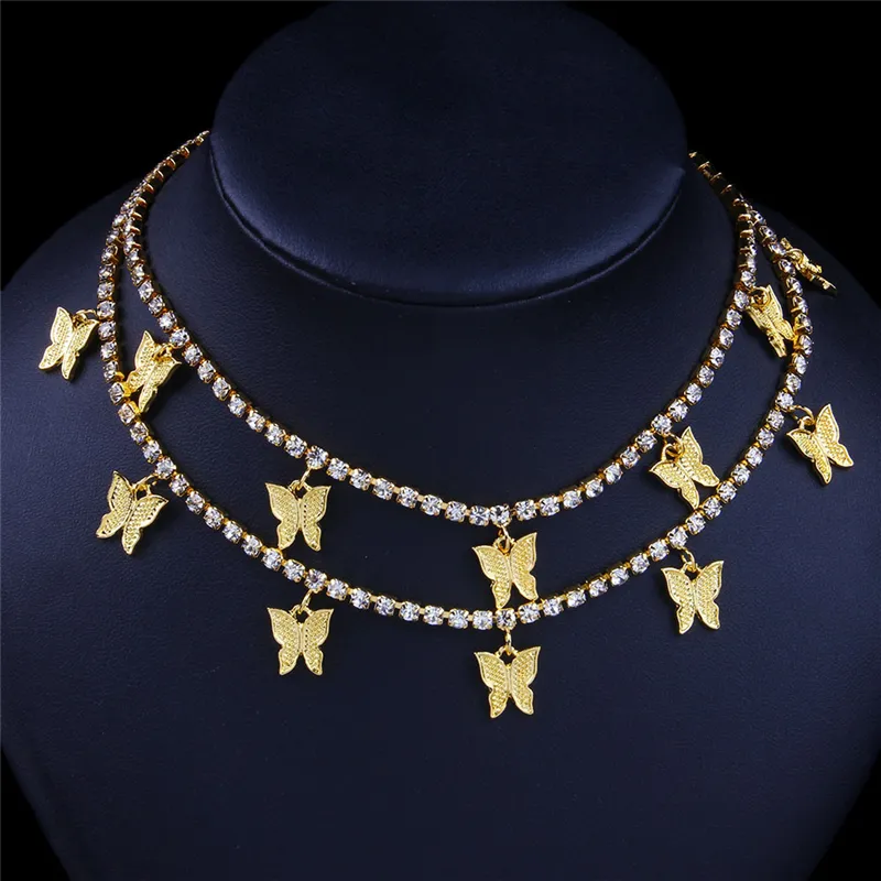 Butterfly Choker Necklaces Gold Silver 2 Layers Designer Animal Pendant Iced Out Chain Fashion Rhinestone Hip Hop Bling Jewelry Wo249w