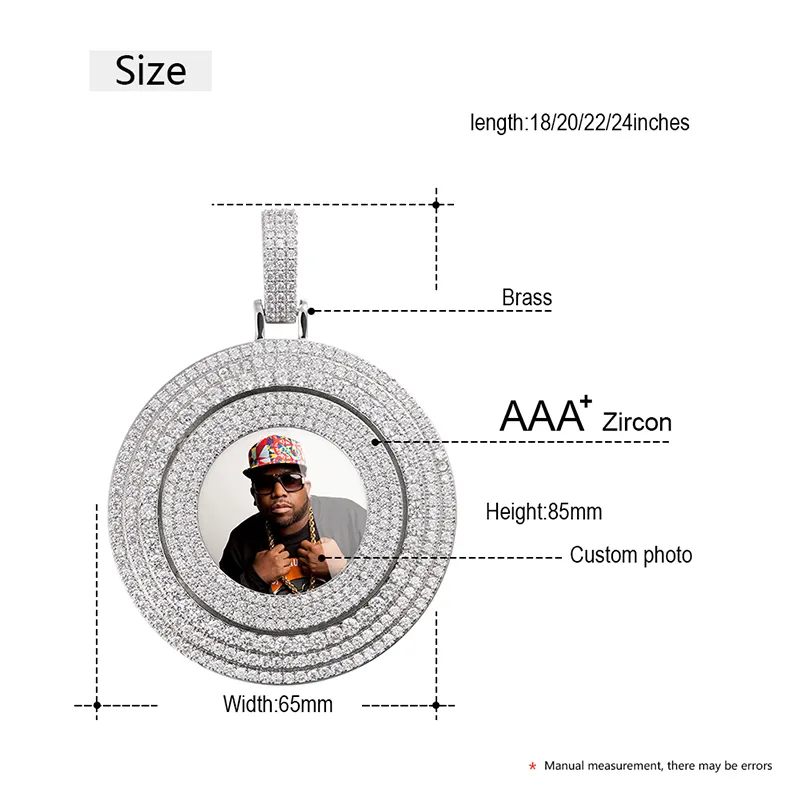 Grand Spin rond personnalisé image mémoire médaillons solide pendentif collier glace plein de cristal hommes Hip Hop Pers253E