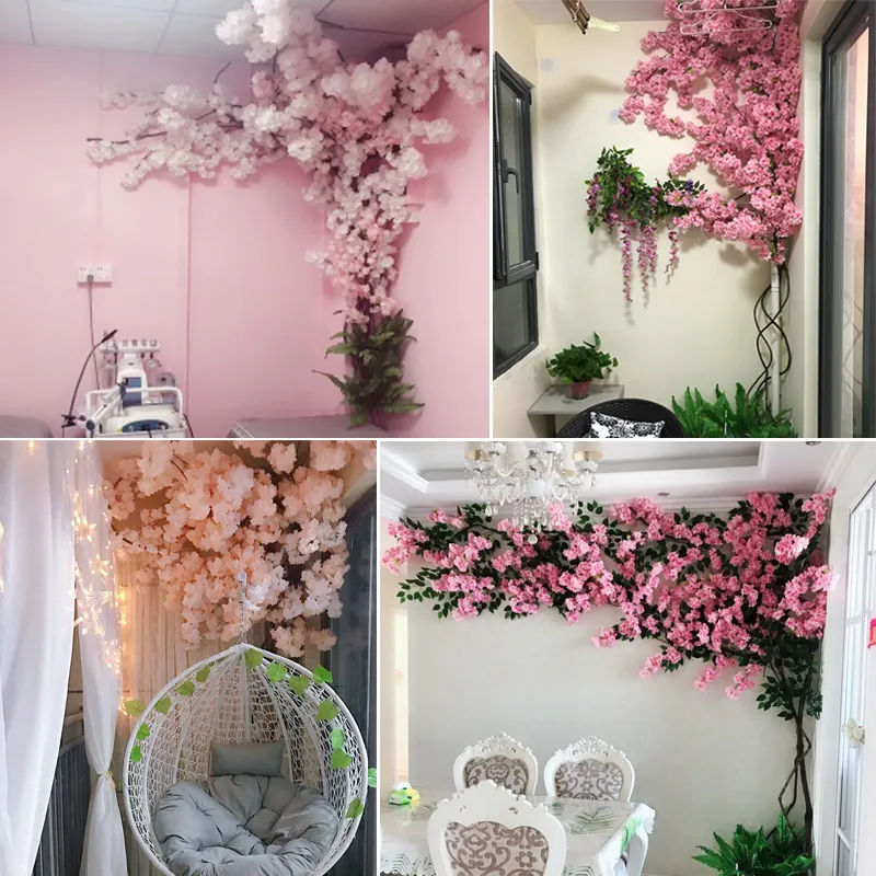 100 cm Silkblommor Lång persika Sakura Artificial Flower Pink Wedding Decoration Cherry Blossom Filial For Home Decor Wedding Arch12617