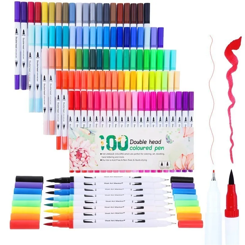 100 색상 듀얼 팁 브러쉬 컬러 펜 아트 마커 펜 TouchFive Copic 마커 펜 수채화 Fineliner 그리기 그림 편지지 Y200709