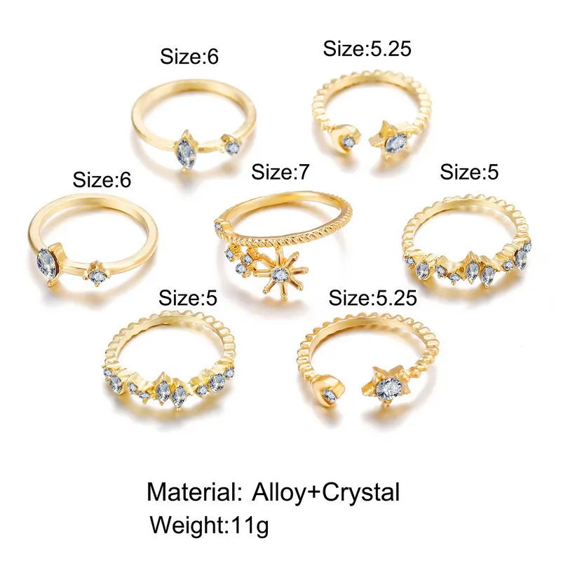 Kobiety Bohemian Star Moon Style Pierścień Pierścień Creative Retro Proste wspólne pierścienie biżuteria mody 7 sztuk / zestaw