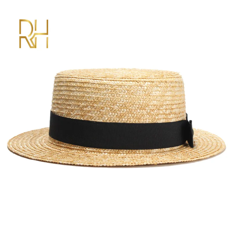 RH Natural Wheat Straw Boater Fedora Top Flat Hat Women Summer Beach Flat Brim Cap med Bowknot Ribbon för Holiday Party Y2006197229234