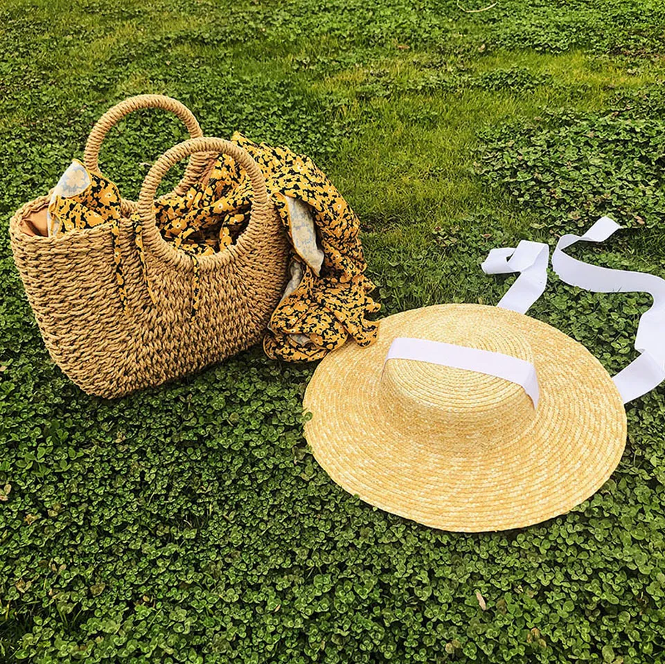 Chapéu de palha de trigo com borda grande, chapéus de verão para mulheres, 10cm, 15cm, 18cm, borda com fita preta e branca, boné de praia, barco, chapéu de sol de topo plano, y20274i