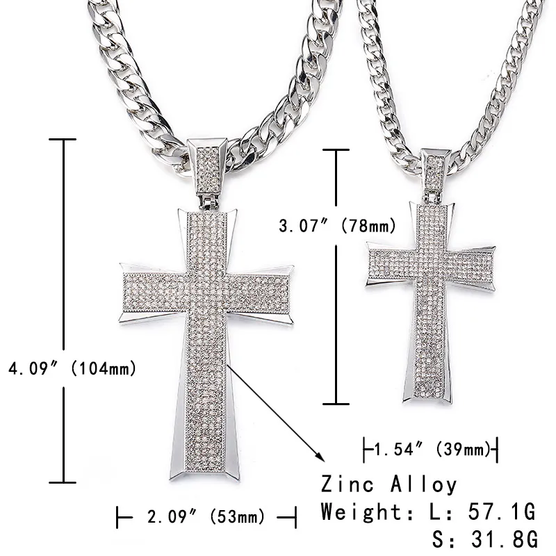 Hip Hop Sieraden Grote Kruis Hanger Iced Out Shining Crystal Mode Bling Bling Cross Mannen Ketting Ketting Jewelry1320c