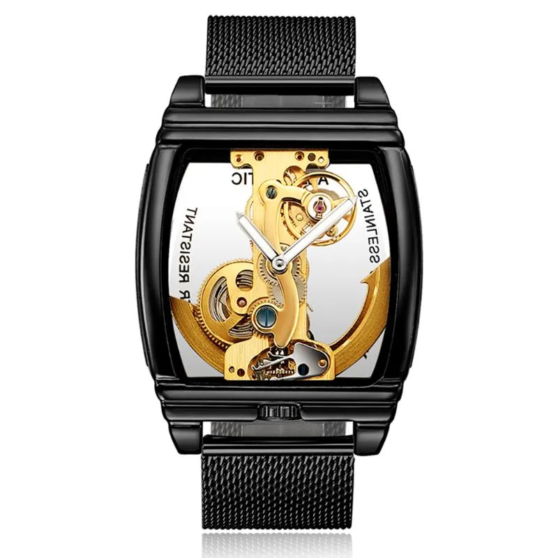 クリエイティブステンレス鋼自動機械時計男性ツアービヨン時計透明なスチームパンクスケルトンセルフ巻き