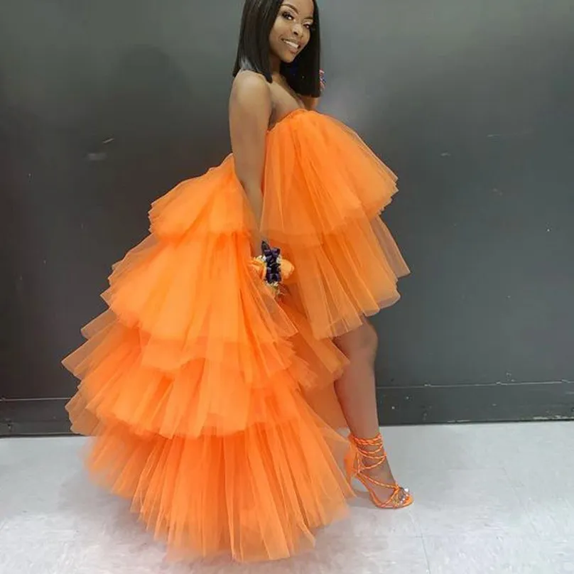 Orange Hi Low Cocktail Party Dresses Tiered Ball Gown fadas jupe African Formal Prom Dress Chic Puffy Skirt Tutu Homecoming Gowns 198I