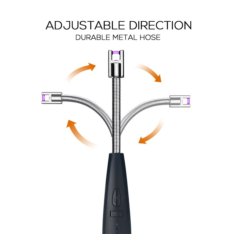 펄스 아크 가벼운 전기 방풍 바베큐 라이터 USB 충전 가능한 금속 호스 주방 요리